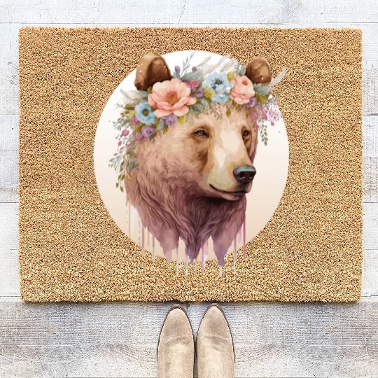 Watercolor Brown Bear Grizzly Flower Crown Wild An Coir Doormats