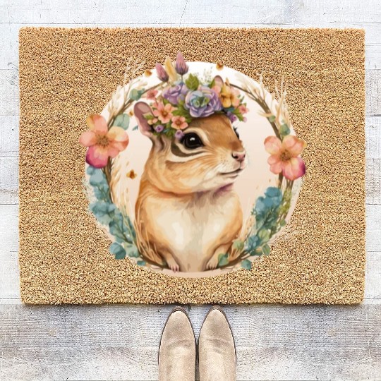 Cute Watercolor Chipmunk Flower Crown Floral Roden Coir Doormats