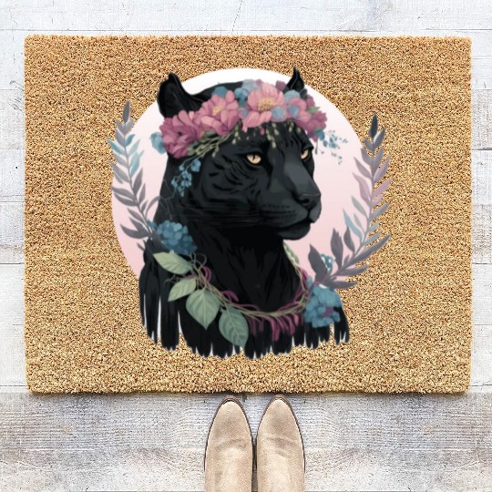 Cute Black Watercolor Panther Flower Crown Boho Ae Coir Doormats