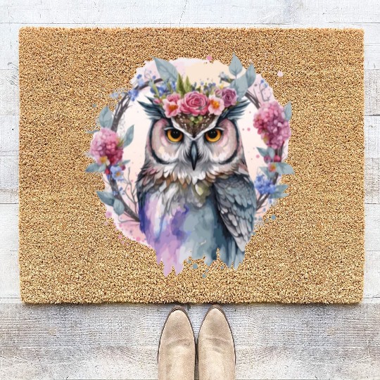 Watercolor Owl Flower Crown Artistic Floral Birds Coir Doormats