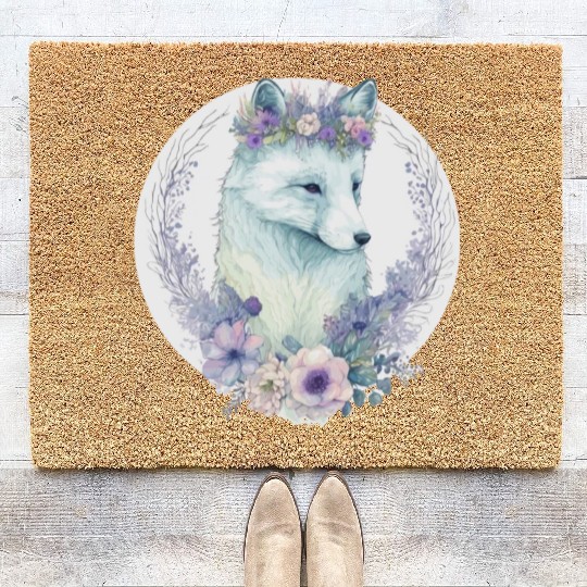 Cute Arctic Fox Flower Crown Floral Watercolor Ani Coir Doormats
