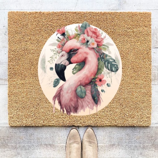 Pink Flamingo Exotic Bird Flower Crown Floral Trop Coir Doormats