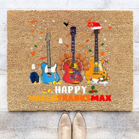 Guitar Happy Hallothanksmas Halloween Thanksgiving Coir Doormats