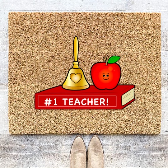 Teacher Appreciation Cute Apple And Bell With Book Coir Doormats