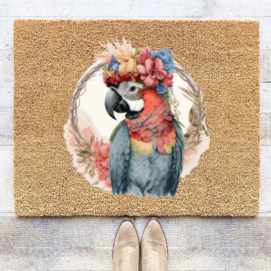Colorful Parrot Watercolor Macaw Bird Flower Crown Coir Doormats