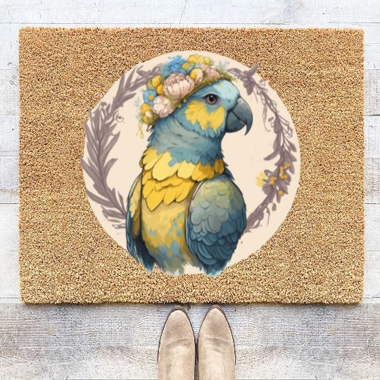 Yellow Blue Ara Macaw Flower Crown Parrot Parakeet Coir Doormats