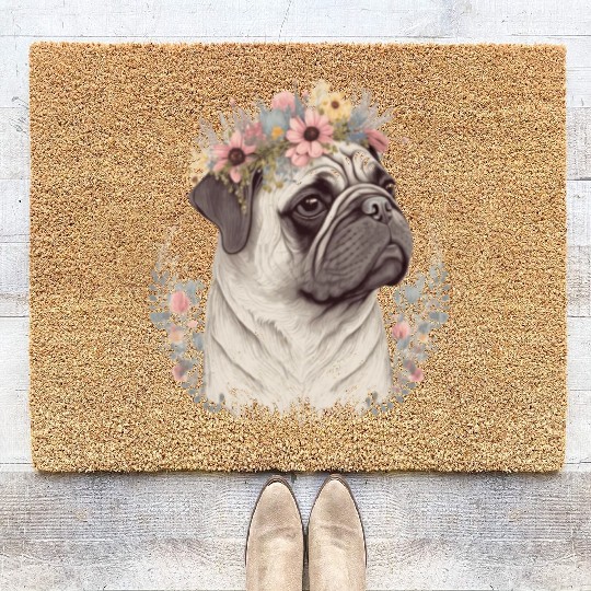 Cute Pug Flower Crown Pet Dog Breed Floral Puppy Coir Doormats