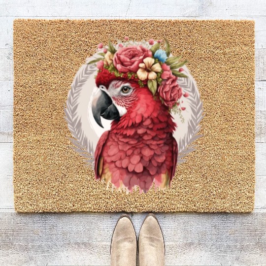 Scarlet Macaw Parrot Watercolor Bird Flower Crown Coir Doormats