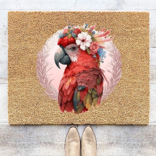 Red Scarlet Macaw Flower Crown Parrot Watercolor B Coir Doormats