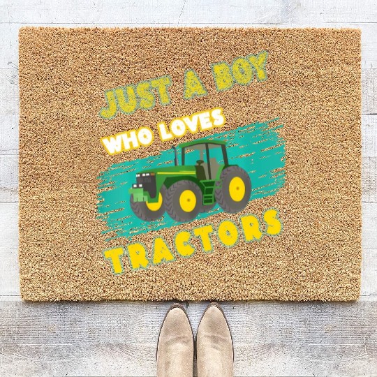 just a boy who loves tractors farm boys Coir Doormats