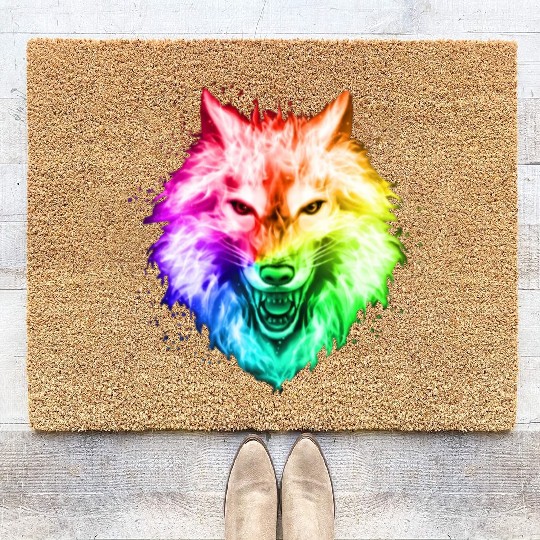 Bright Colorful Wolf Head – Rainbow Howling Wolf F Coir Doormats