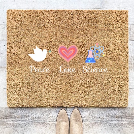 Peace Love & Science Heart Leopard Plaid Christmas Coir Doormats