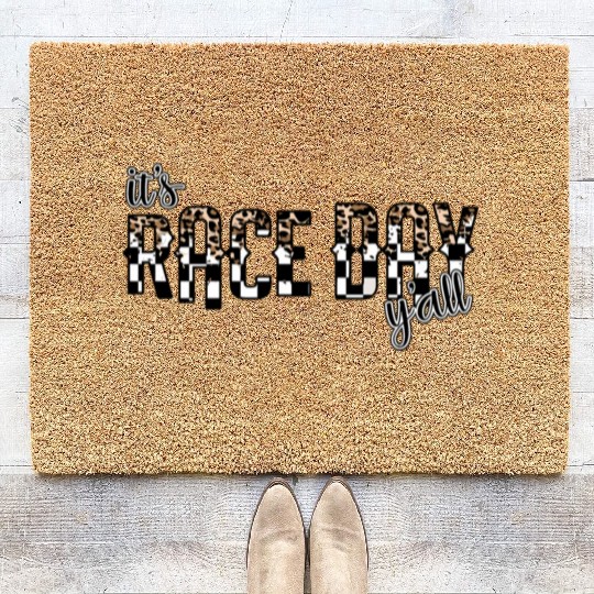 Leopard It'S Race Day Y'All Checkered Flag Racing Coir Doormats