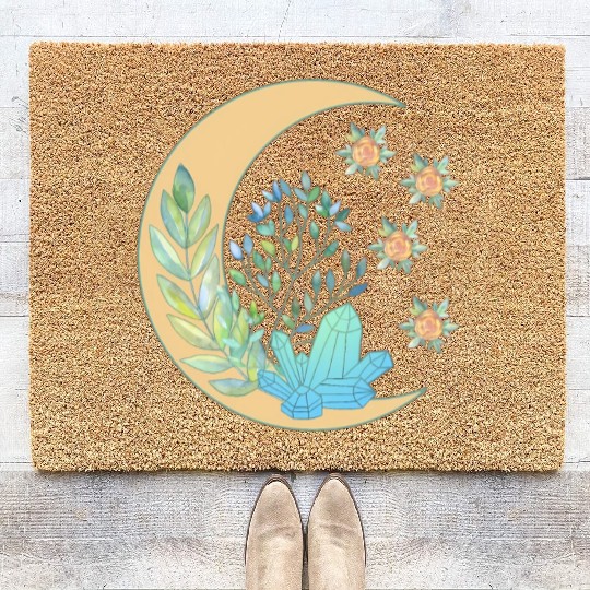 Floral Crescent Moon Healing Crystal Garden Witch Coir Doormats