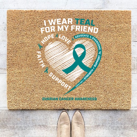 Teal Ribbon Ovarian Cancer Awareness Friend Coir Doormats