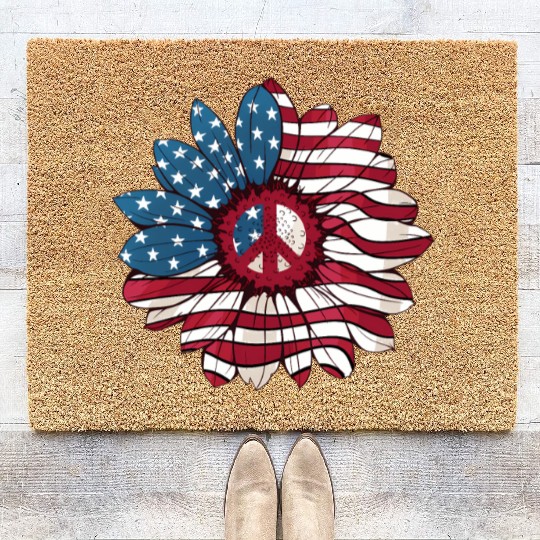 American Flag Flower Independence Day Sunflower 4T Coir Doormats