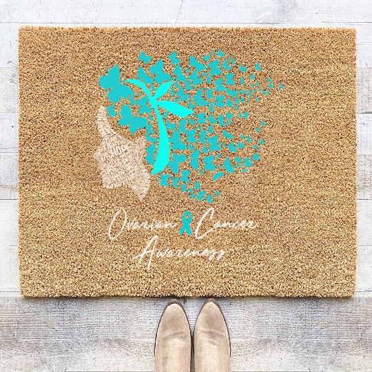 Ovarian Cancer Awareness Teal Butterflies Coir Doormats