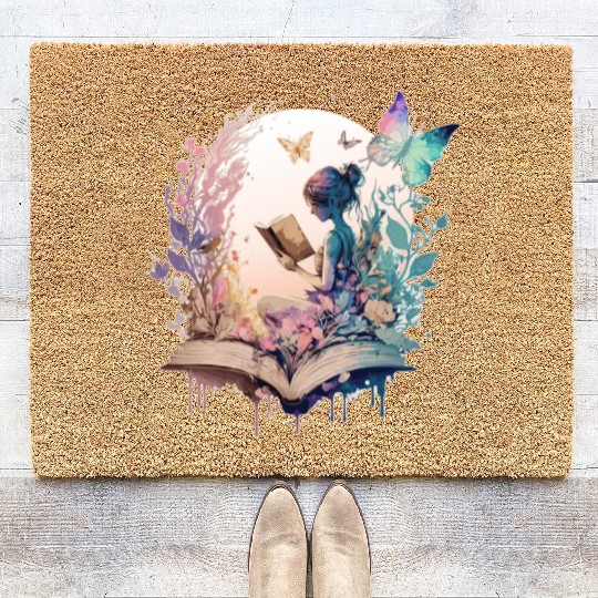 Cottagecore Watercolor Book Fairy Butterfly Librar Coir Doormats