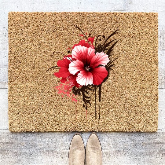 A red hibiscus flower ink drawing Coir Doormats