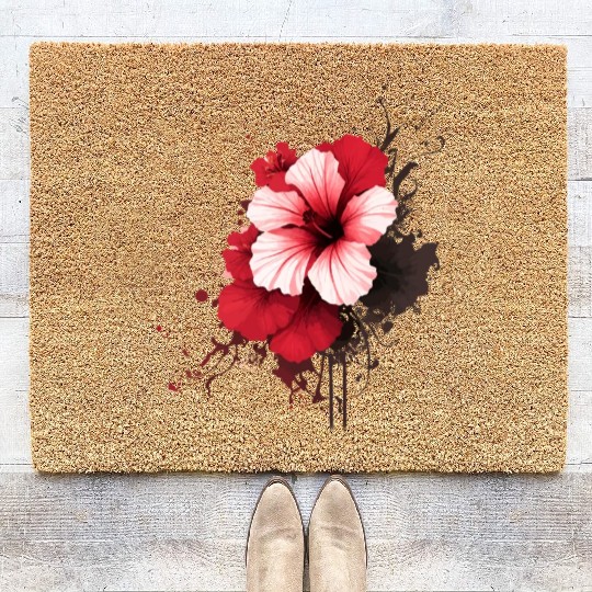 A red hibiscus flower ink drawing Coir Doormats