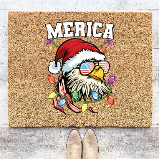 Merica Usa Flag Patriotic Veteran Santa Bald Eagle Coir Doormats