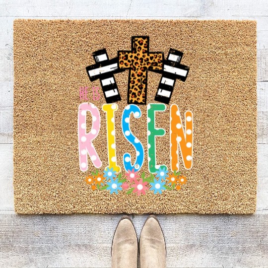 He Is Risen Leopard Cross Easter Jesus Religious Coir Doormats