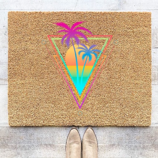 1980S 1990S Vaporwave Palm Trees Sunset Beach Surf Coir Doormats