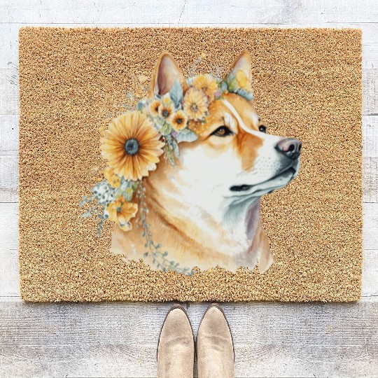 Watercolor Shiba Inu Sunflower Dog Breed Pet Puppy Coir Doormats
