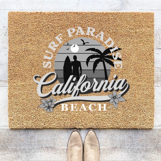 Grey-Scale Surfing Surf Paradise At California Coir Doormats