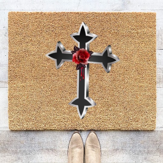 black silver colored gothic cross with red rose Coir Doormats