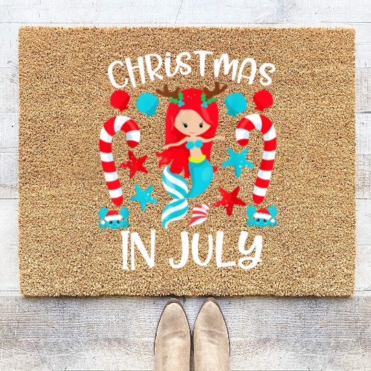 Christmas In July Cute Mermaid Summer Vacation Coir Doormats