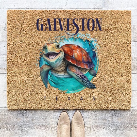 Galveston Texas Watercolor Happy Sea Turtle Coir Doormats