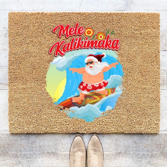 In July Santa Surfing Mele Kalikimaka Coir Doormats
