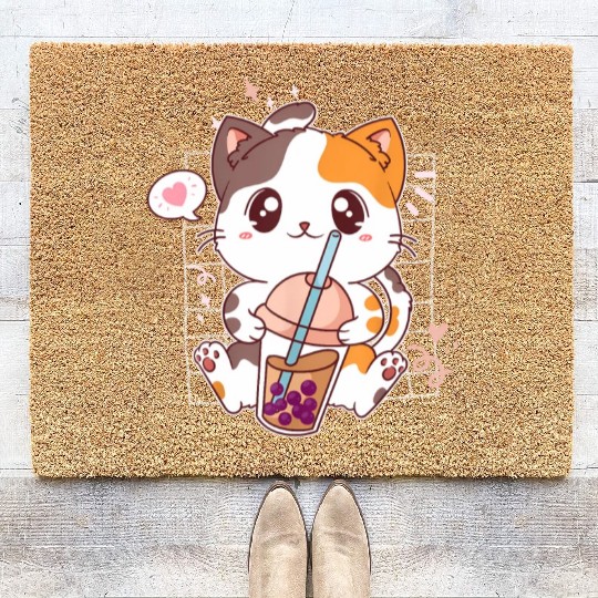 Cat Boba Tea Bubble Tea Kawaii Anime Japanese Coir Doormats