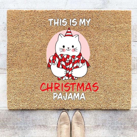 This Is My Christmas Pajama Cat In Candy Canes Coir Doormats