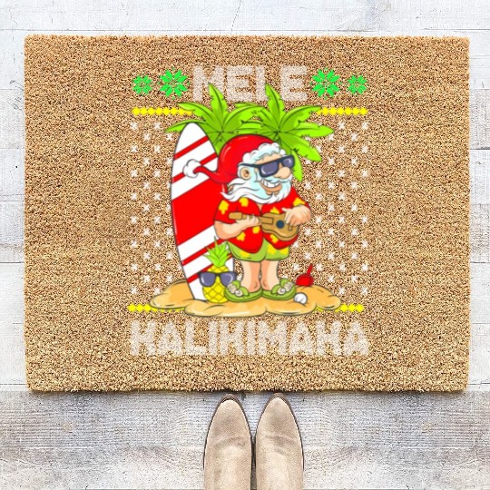 Mele Kalikimaka Santa Claus Surfer Guitar Coir Doormats
