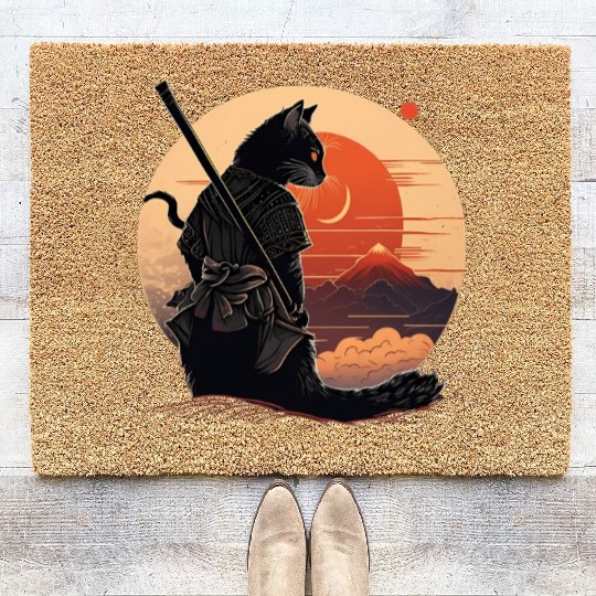 Vintage Japanese Sunset Style And Samurai Cat Kitt Coir Doormats