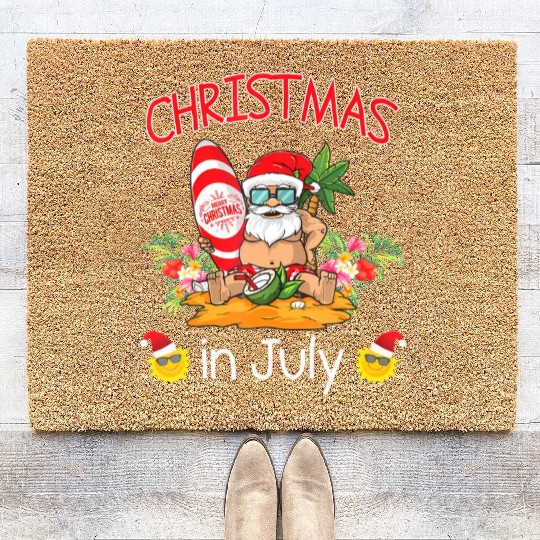 Christmas In July Funny Santa Surfing Summer Coir Doormats