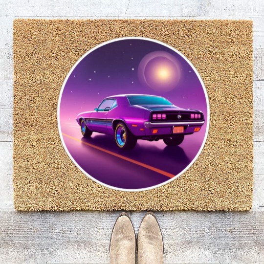 Nostalgic Retro 80s Purple Vaporwave Muscle Car Coir Doormats