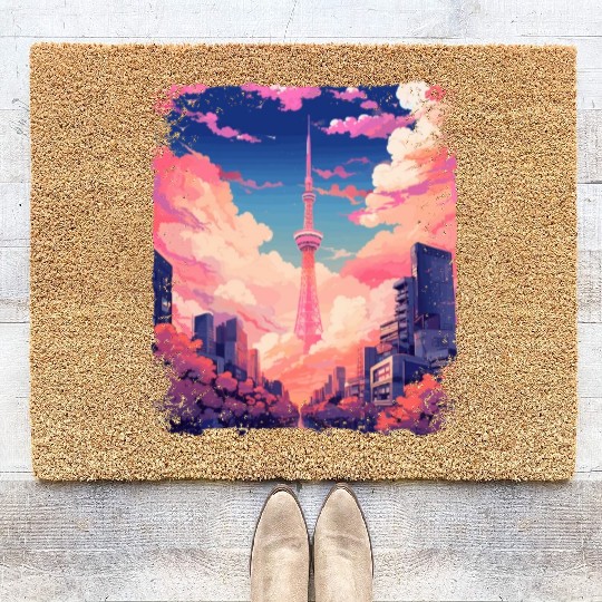 Vaporwave Aesthetic Tokyo Skytree Japanese Sight Coir Doormats