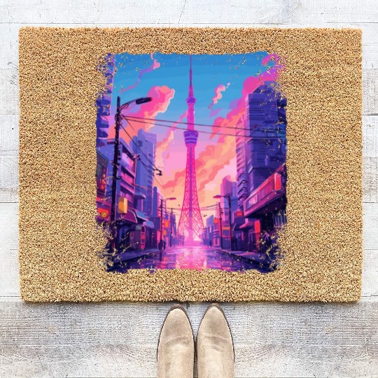 Vaporwave Aesthetic Japanese Skytree Tokyo Sight Coir Doormats