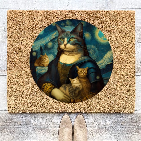 Mona Lisa With Cats Starry Night Van Gogh Painting Coir Doormats