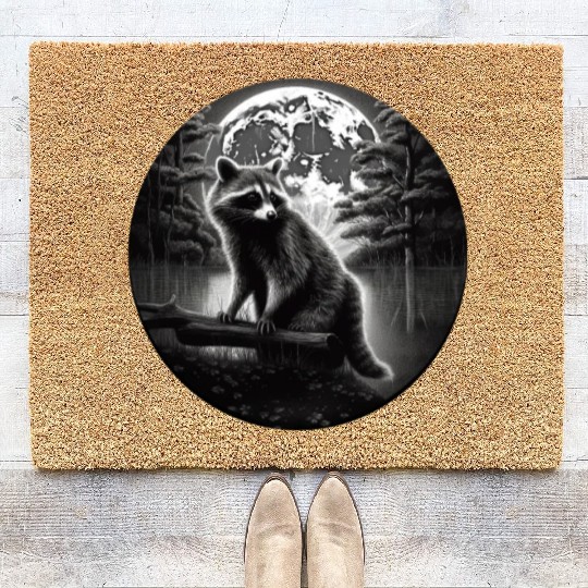 Raccoon Moon Forest Artwork Animal Art Raccoon Coir Doormats