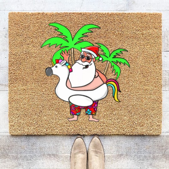 Christmas In July Santa on Vacation Unicorn Pool Coir Doormats