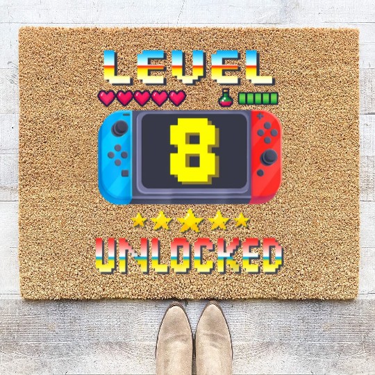 Level 8 Unlocked 8Th Video Game 8 Years Old Coir Doormats