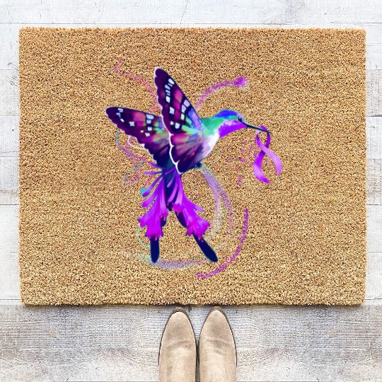 Hummingbird Purple Ribbon Pancreatic Cancer Coir Doormats