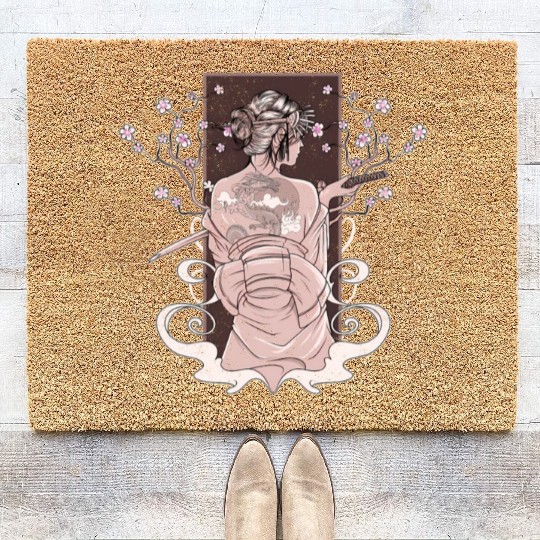 Vintage Japanese Katana Wo Kimono Cherry Blossoms Coir Doormats