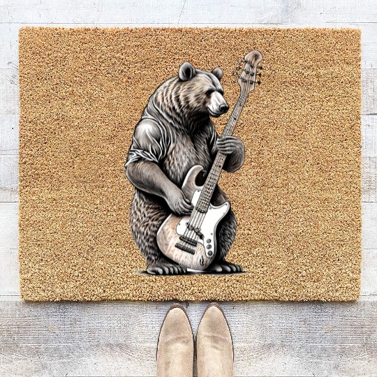 Retro Bear Playing Bass Guitar Bear Guitarist Coir Doormats