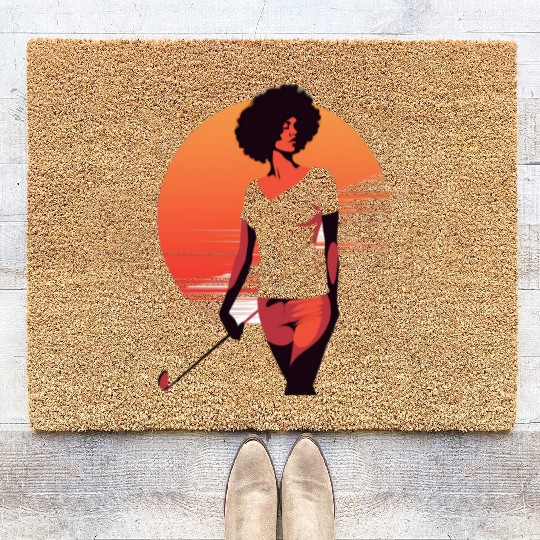 Golfer Girl Afro Woman Golf Player African Coir Doormats