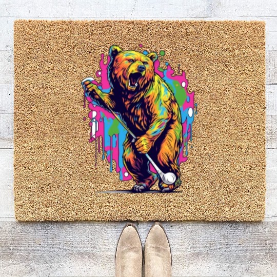 Golfer Grizzly Bear Golf Club Golfing Golf Player Coir Doormats